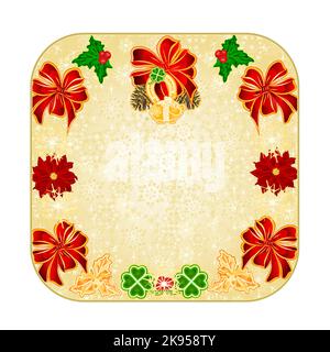 Button square Christmas decoration snowflakes lucky symbols Four Leaf Clover horseshoe pig vintage  vector illustration editable hand draw Stock Vector
