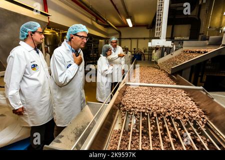The male food technologist technicians checking production lines in a cereal factory Stock Photo