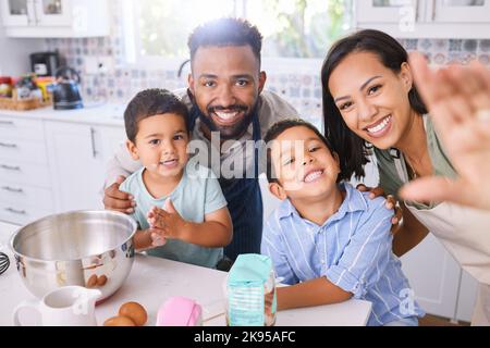 Black family, cooking and home kitchen of a mom selfie, father and children with a happy smile. Portrait and real moment of mother, dad and kids in a Stock Photo