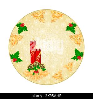 Button  circle  Christmas decoration snowflakes with red candlestick and pine cones and gold holly  vintage  vector illustration editable hand draw Stock Vector