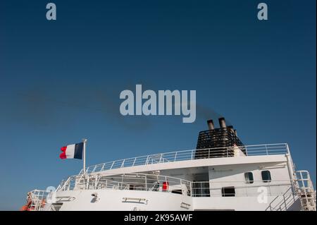 Ferry to France, funnels on the ferry crossing the English Channel, the North Sea England to France. Stock Photo