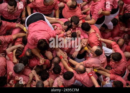People of Colla Vella dels Xiquets de Valls celebrating after completing a 'castell' (a human tower) in the 2022 Santa Úrsula Festival (Catalonia) Stock Photo