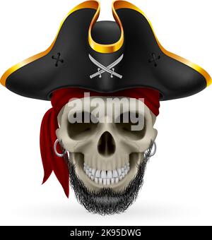 Bearded pirate skull in red bandana and cocked hat with crossed bones ...