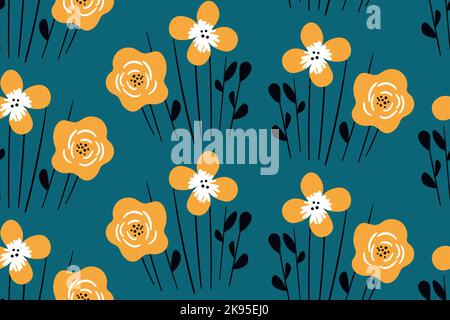 Seamless floral pattern based on traditional folk art ornaments. Art flowers on color background. Scandinavian style. Sweden nordic style. Vector Stock Vector