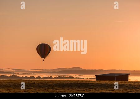 Hot air balloon is basked in a golden glow as it slowly ascends over a fog-filled valley in Orange County, NY, on an early fall morning Stock Photo