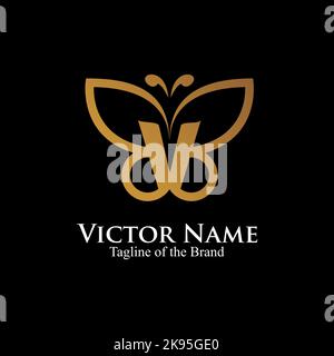 letter V inside buterfly logo. initial text luxury logo.  outline butterfly logo vector illustration. Stock Vector