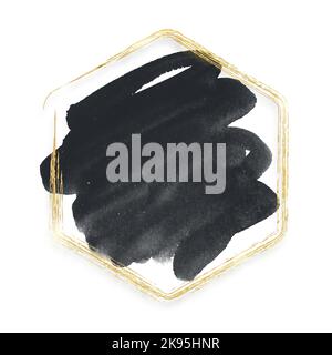 Luxury background for text with golden hexagon border. Black watercolor brushstroke with shiny line frame on white background. Hand drawn brush spot Stock Vector