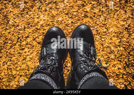 Close-up image of black leather boots dangling above a pool of autumn leaves Stock Photo