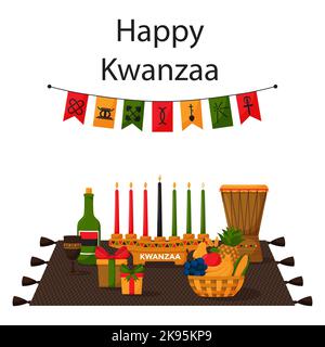 Greeting card of Happy Kwanzaa. A composition with a woven mat, drum, kinara, gifts and fruit basket. Festive bunting flags with 7 principles of Kwanz Stock Vector