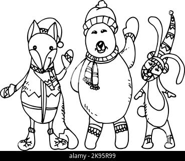 Hand Drawing Artistic Doodle Icon. Cute Animal Characters. New Year Vintage Design for Christmas Card or Invitation on White Background Stock Vector