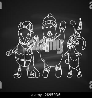 Chalk Drawing Illustration of Artistic Doodle Icon. Cute Animal Characters. New Year Vintage Design for Christmas Card or Invitation Stock Vector