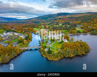 Aerial view of autumn colours at Kenmore on Loch Tay,  Perth and Kinross, Scotland, UK Stock Photo