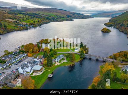 Aerial view of autumn colours at Kenmore on Loch Tay,  Perth and Kinross, Scotland, UK Stock Photo