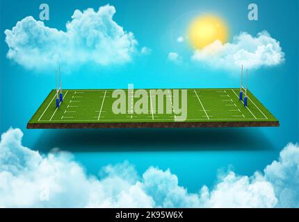 Rugby stadiums in the Sky clouds moving sun light lens flare 3d illustration Stock Photo