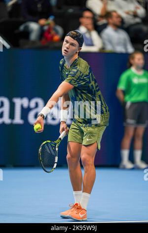 Basel, Switzerland. 26th Oct, 2022. Basel, Switzerland, October 26th 2022: Holger Rune serves the ball during the Swiss Indoors ATP 500 tennis tournament match between Alex De Minaur (AUS) and Holger Rune (DEN) at St. Jakobs-Park in Basel, Switzerland. (Daniela Porcelli /SPP) Credit: SPP Sport Press Photo. /Alamy Live News Stock Photo