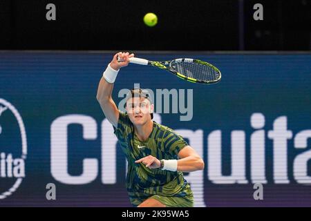 Basel, Switzerland. 26th Oct, 2022. Basel, Switzerland, October 26th 2022: Holger Rune returns the ball during the Swiss Indoors ATP 500 tennis tournament match between Alex De Minaur (AUS) and Holger Rune (DEN) at St. Jakobs-Park in Basel, Switzerland. (Daniela Porcelli /SPP) Credit: SPP Sport Press Photo. /Alamy Live News Stock Photo