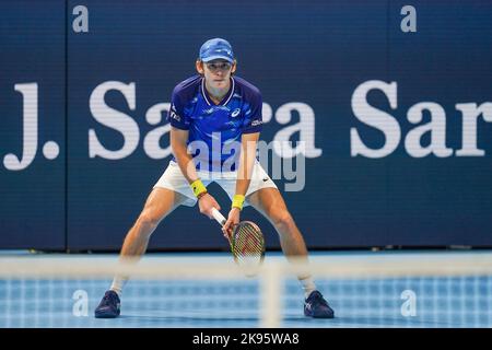 Basel, Switzerland. 26th Oct, 2022. Basel, Switzerland, October 26th 2022: Alex De Minaur in action during the Swiss Indoors ATP 500 tennis tournament match between Alex De Minaur (AUS) and Holger Rune (DEN) at St. Jakobs-Park in Basel, Switzerland. (Daniela Porcelli /SPP) Credit: SPP Sport Press Photo. /Alamy Live News Stock Photo