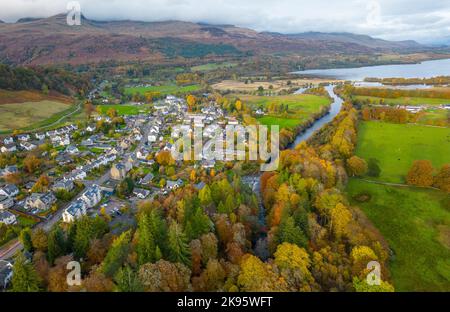 Aerial view of autumn colours and River Tay in Killin  in Perthshire, Scotland, UK Stock Photo