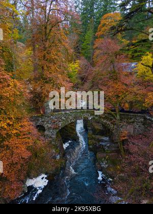 Aerial view of autumn colours surrounding  Black Linn Falls on River Braan at The Hermitage in Perth and Kinross, Scotland, UK Stock Photo