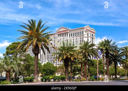 Las Vegas, USA - 18 April 2012: The iconic Caesar's Palace luxury hotel and casino on the Strip, Las Vegas, Nevada, surrounded by lush palm trees. Stock Photo