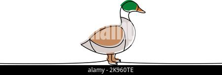 Duck one line colored continuous drawing. Duck symbol. Farm bird continuous colorful one line illustration. Vector minimalist linear illustration. Stock Vector