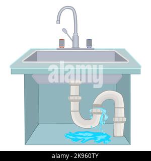 Kitchen sink with leaky plumbing pipe. Leaky valve, burst tube, crack siphon, damaged joint. Plumbing with flowing water.Broken sewer and water supply Stock Vector