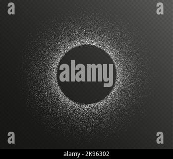 Sugar powder round frame, white flour background, salt particles backdrop isolated on a dark background. Stock Vector