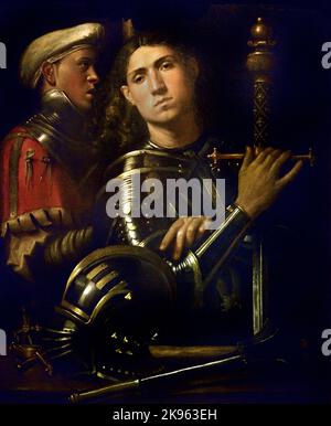 The “Gattamelata”. Man in armour with a squire Giorgio da Castelfranco, known as Giorgione (Castelfranco Veneto 1477 ca. - Venice 1510) , Florence, Italy. ( Young knight, with proud expression, holds the magnificent scabbard, of his sword with one hand ) Stock Photo