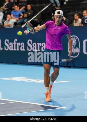 Basel, Switzerland. 26th Oct, 2022. Basel, Switzerland, October 26th 2022: Lorenzo Musetti (ITA) shoots the ball during the Swiss Indoors ATP 500 tennis tournament match between Albert Ramos-Vinolas (ESP) and Lorenzo Musetti (ITA) at St. Jakobs-Park in Basel, Switzerland. (Daniela Porcelli /SPP) Credit: SPP Sport Press Photo. /Alamy Live News Stock Photo