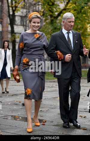 Pabrade. Belgium, 26/10/2022, Queen Mathilde of Belgium and King Philippe - Filip of Belgium pictured during the official state visit of the Belgian Royal Couple to the Republic of Lithuania, Wednesday 26 October 2022, in Pabrade. BELGA PHOTO DIRK WAEM Stock Photo