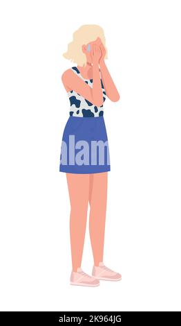 Upset woman closing face semi flat color vector character Stock Vector