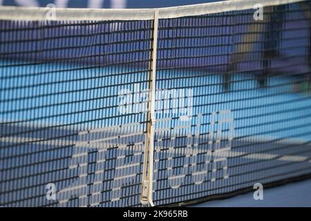 Basel, Switzerland. 26th Oct, 2022. Basel, Switzerland, October 26th 2022: Tennis net with logo of ATP Tour during the Swiss Indoors ATP 500 tennis tournament match between Albert Ramos-Vinolas (ESP) and Lorenzo Musetti (ITA) at St. Jakobs-Park in Basel, Switzerland. (Daniela Porcelli /SPP) Credit: SPP Sport Press Photo. /Alamy Live News Stock Photo