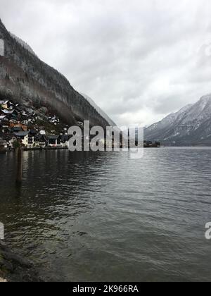 A peaceful view of Hallstatt village on Lake Hallstatt's western shore in Austria's mountainous area in winter Stock Photo