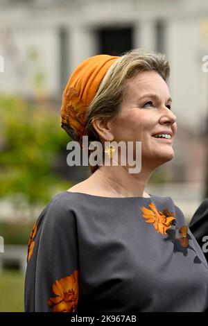 Pabrade. Belgium, 26/10/2022, Queen Mathilde of Belgium pictured during the official state visit of the Belgian Royal Couple to the Republic of Lithuania, Wednesday 26 October 2022, in Pabrade. BELGA PHOTO DIRK WAEM Stock Photo