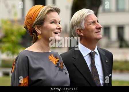 Pabrade. Belgium, 26/10/2022, Queen Mathilde of Belgium and King Philippe - Filip of Belgium pictured during the official state visit of the Belgian Royal Couple to the Republic of Lithuania, Wednesday 26 October 2022, in Pabrade. BELGA PHOTO DIRK WAEM Stock Photo