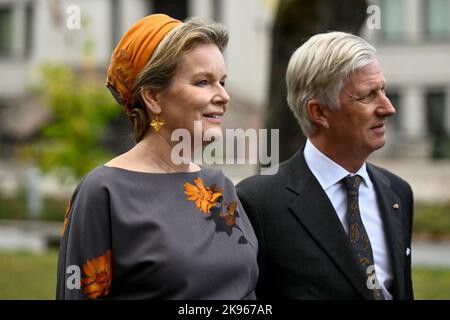 Queen Mathilde of Belgium and King Philippe - Filip of Belgium pictured during the official state visit of the Belgian Royal Couple to the Republic of Lithuania, Wednesday 26 October 2022, in Pabrade. BELGA PHOTO DIRK WAEM Stock Photo