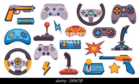 Console gamepad. Modern video game controller joystick gun wheel cartoon icons, retro flat wired wireless gaming devices for videogame players. Vector Stock Vector