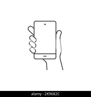 Hand hold smartphone line icon. Mobile using outline icon. Isolated hand hold phone vector illustration. Stock Vector