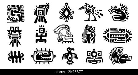 Mayan symbols. Ancient civilization religious totem characters, monochrome icons of mexican indian aztec inca indigenous. Vector isolated set Stock Vector