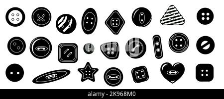 Black clothing buttons. Simple sewing textile accessories icons, round dressmaking elements for fashion design. Vector textile isolated set Stock Vector