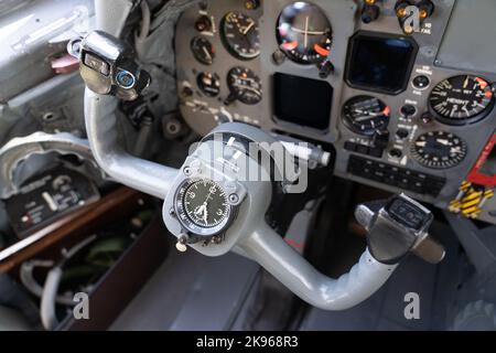 The control column of military aircraft Transall C-160 aviation cockpit Stock Photo