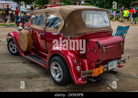 Des Moines, IA - July 01, 2022: High perspective rear corner view of a 1931 Ford Model A Phaeton at a local car show. Stock Photo