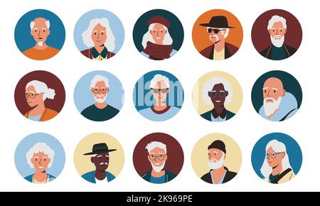 Senior people avatars. Cartoon older characters round icons, happy aged men women faces, pensioner portraits for social media. Vector isolated set Stock Vector
