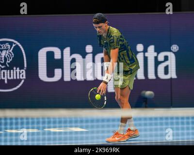 Basel, Switzerland. 26th Oct, 2022. Basel, Switzerland, October 26th 2022: Holger Rune (DEN) gets ready to serve during the Swiss Indoors ATP 500 tennis tournament match between Alex De Minaur (AUS) and Holger Rune (DEN) at St. Jakobs-Park in Basel, Switzerland. (Daniela Porcelli /SPP) Credit: SPP Sport Press Photo. /Alamy Live News Stock Photo