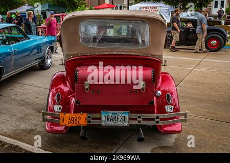 Des Moines, IA - July 01, 2022: High perspective rear view of a 1931 Ford Model A Phaeton at a local car show. Stock Photo