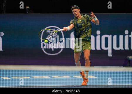 Basel, Switzerland. 26th Oct, 2022. Basel, Switzerland, October 26th 2022: Holger Rune (DEN) in action during the Swiss Indoors ATP 500 tennis tournament match between Alex De Minaur (AUS) and Holger Rune (DEN) at St. Jakobs-Park in Basel, Switzerland. (Daniela Porcelli /SPP) Credit: SPP Sport Press Photo. /Alamy Live News Stock Photo