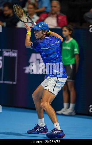 Basel, Switzerland. 26th Oct, 2022. Basel, Switzerland, October 26th 2022: Alex De Minaur (AUS) in action during the Swiss Indoors ATP 500 tennis tournament match between Alex De Minaur (AUS) and Holger Rune (DEN) at St. Jakobs-Park in Basel, Switzerland. (Daniela Porcelli /SPP) Credit: SPP Sport Press Photo. /Alamy Live News Stock Photo