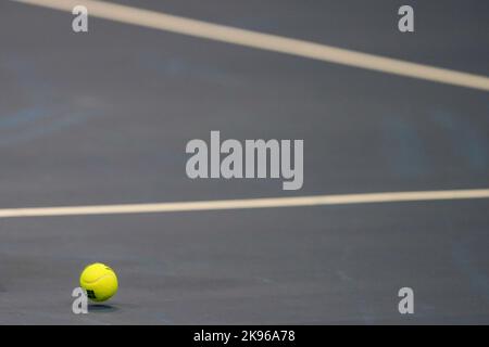 Basel, Switzerland. 26th Oct, 2022. Basel, Switzerland, October 26th 2022: Tennis ball on the ground during the Swiss Indoors ATP 500 tennis tournament match between Alex De Minaur (AUS) and Holger Rune (DEN) at St. Jakobs-Park in Basel, Switzerland. (Daniela Porcelli /SPP) Credit: SPP Sport Press Photo. /Alamy Live News Stock Photo