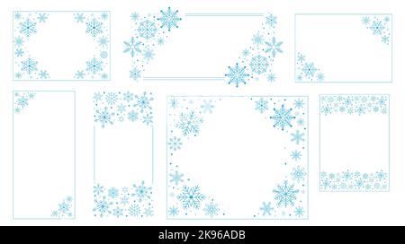 Decorative frames with snowflakes. Vintage luxury festive dividers for titles certificate, filigree winter ornamental corner design. Vector isolated Stock Vector