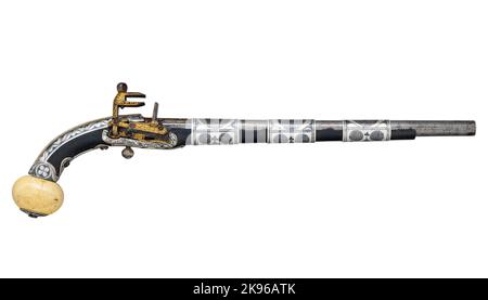 Old antique 19th century miquelet pistol isolated on white background. Real historical handgun side view Stock Photo